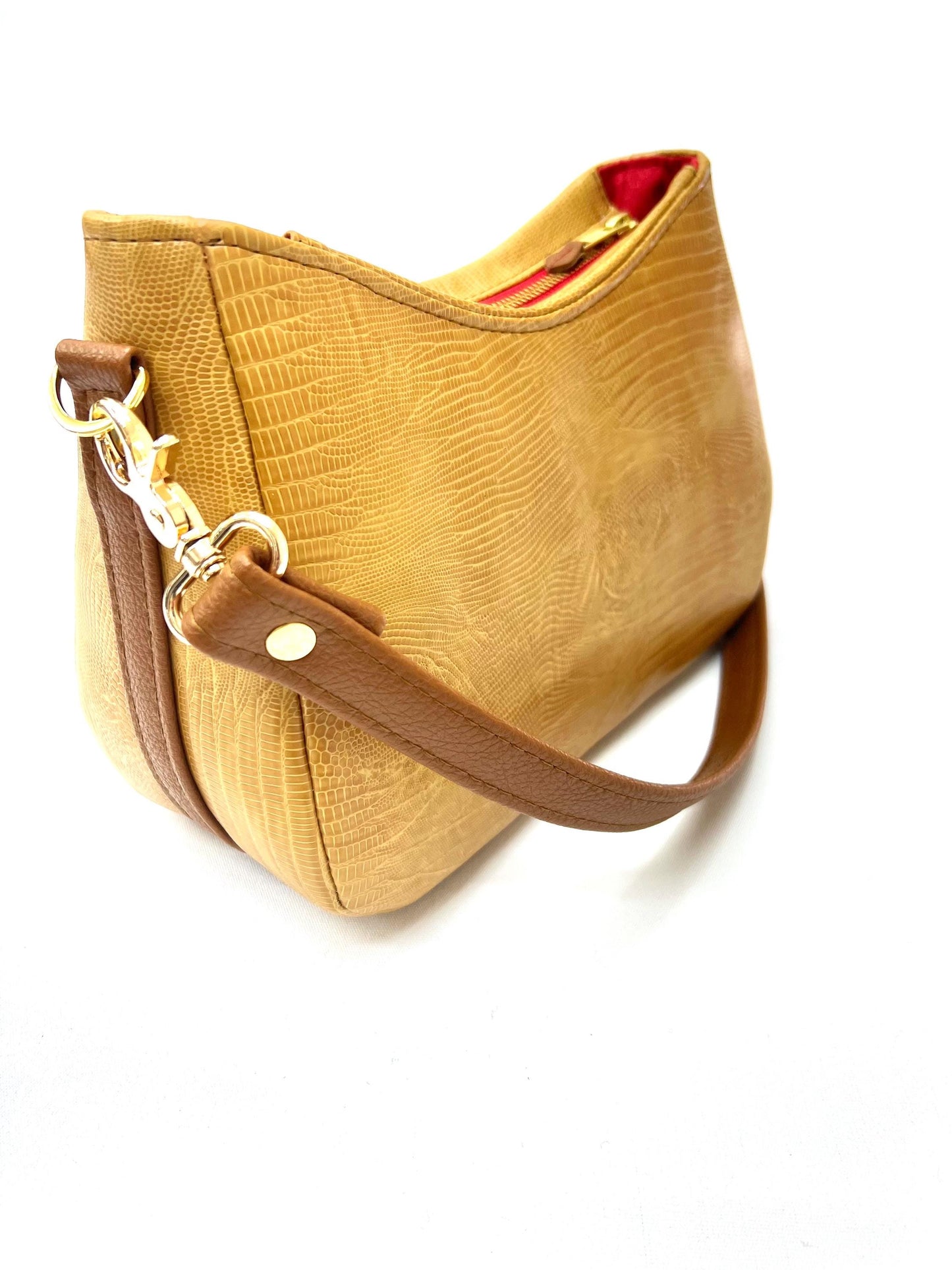 Camel Faux Lizard Leather Shoulder Bag, Modern Structured Handbag