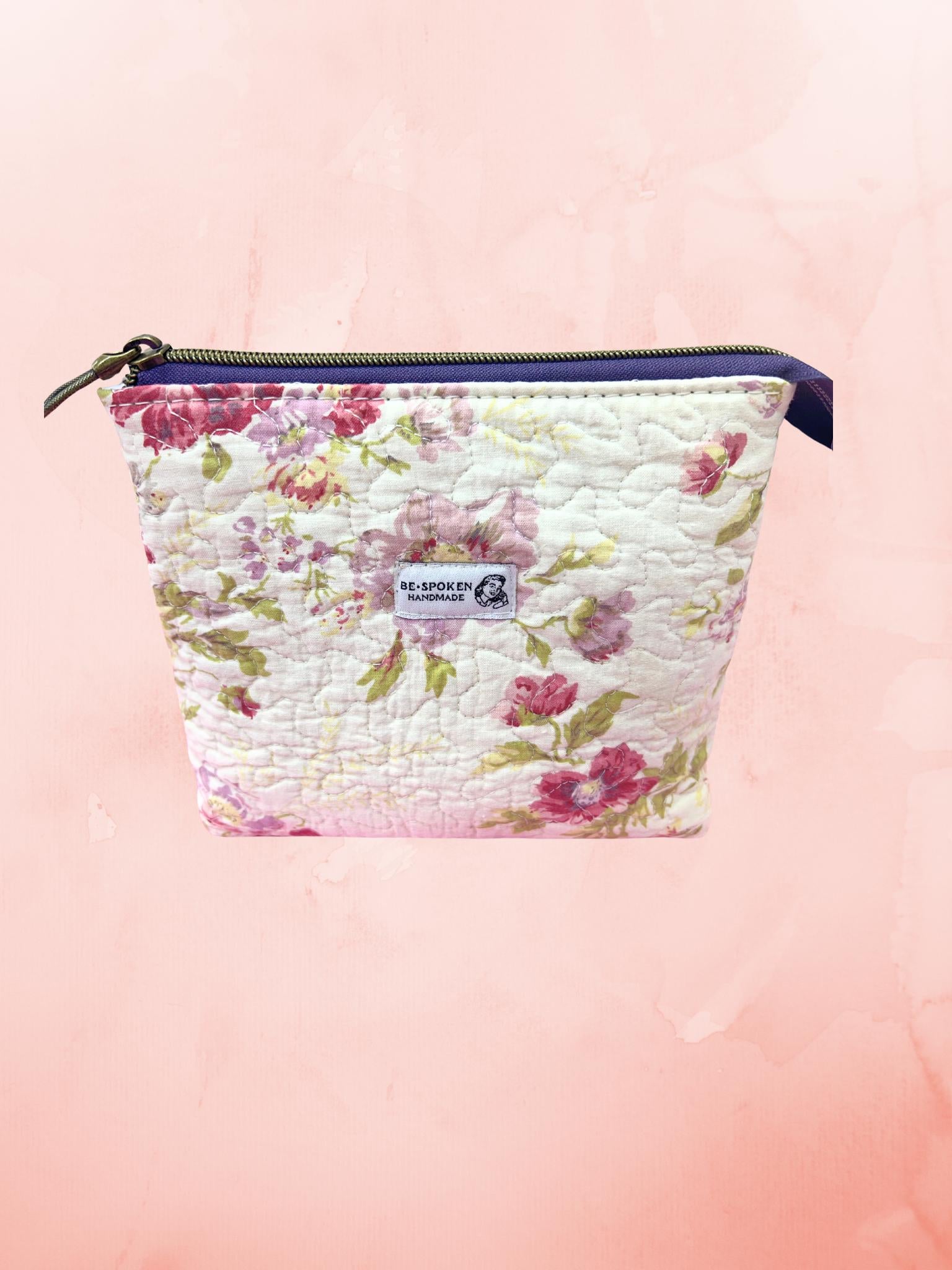 Floral Quilted Zipper Pouch | Handmade Cotton Blend Makeup Bag | Vintage Botanical Cosmetic Bag | Be•Spoken Handmade