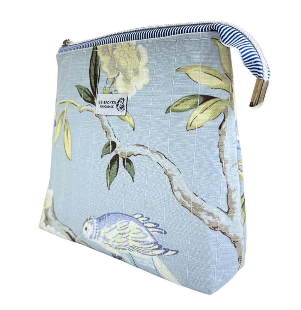Handmade Blue Floral Zipper Pouch, Women's Bird Botanical Cosmetic Bag with Waterproof Lining, Quilted Make-up Toiletry Kit Gift for Her