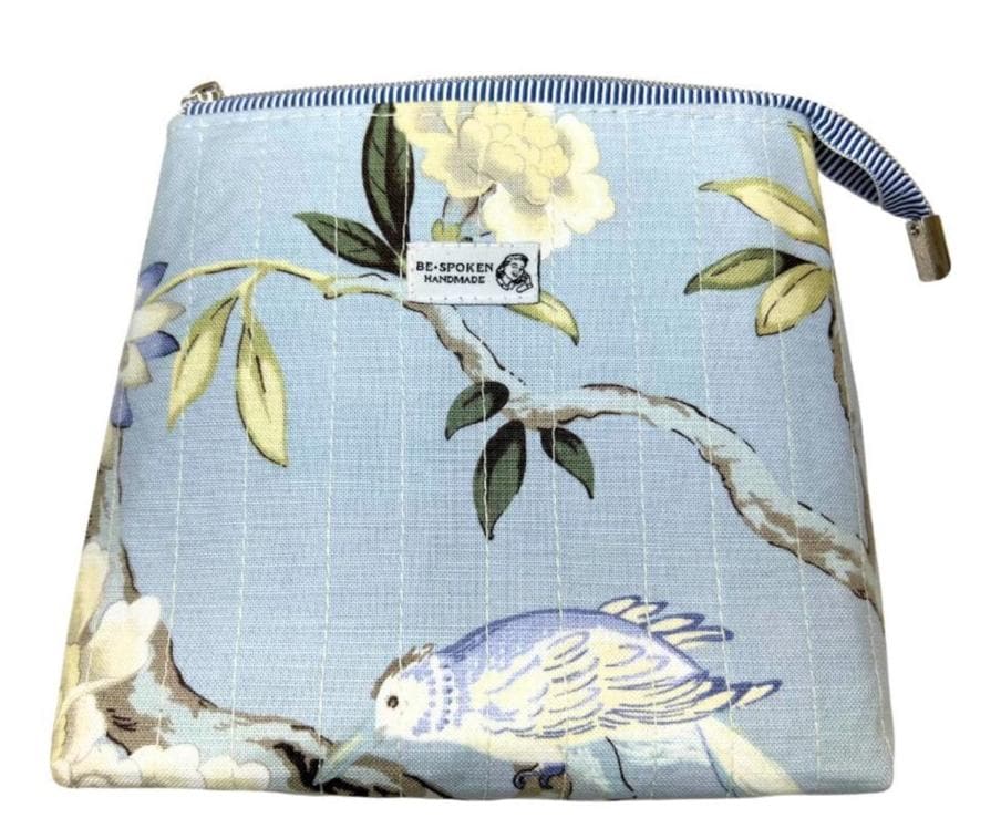Handmade Blue Floral Zipper Pouch, Women's Bird Botanical Cosmetic Bag with Waterproof Lining, Quilted Make-up Toiletry Kit Gift for Her