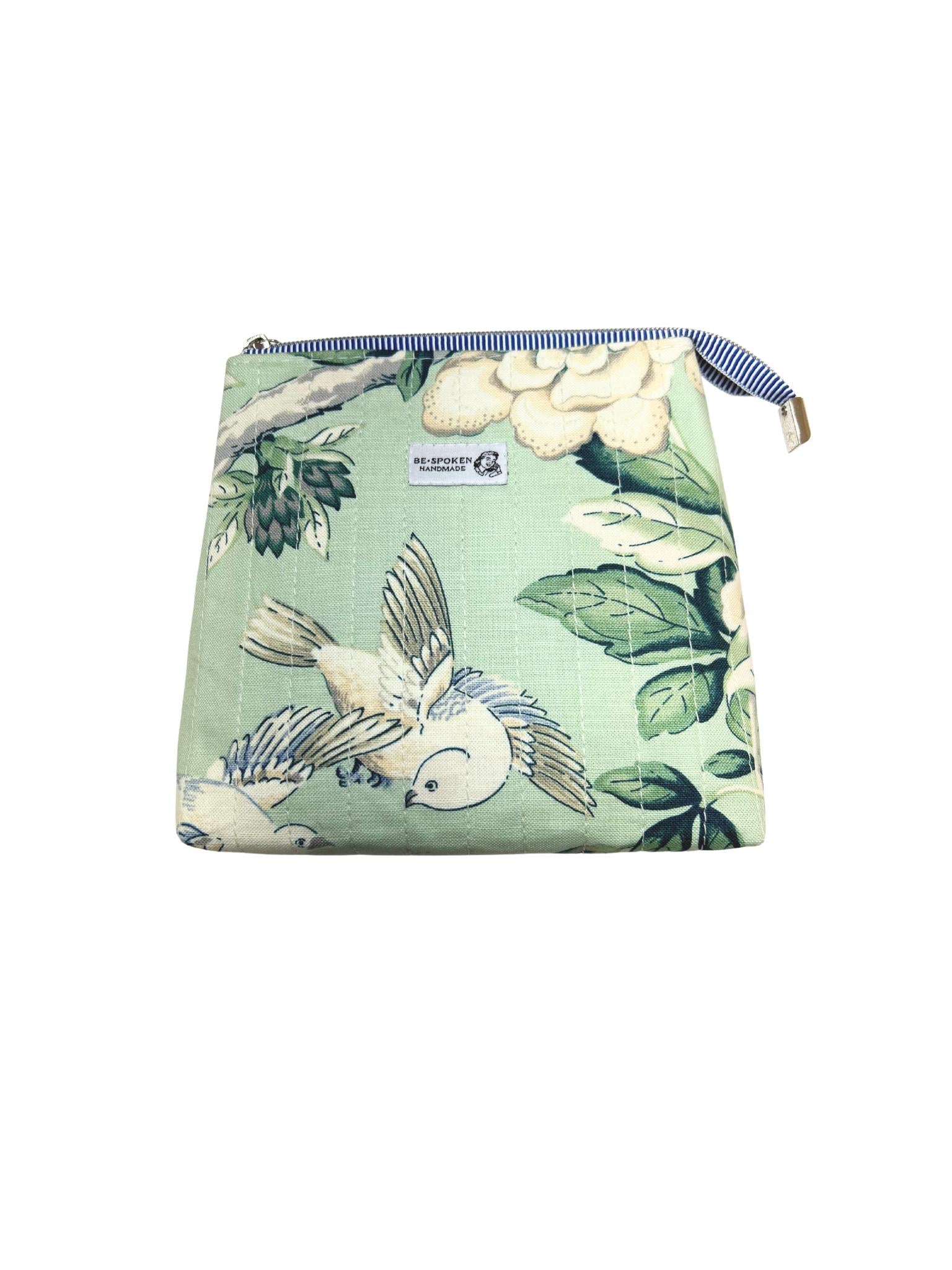 Sage Green Bird Floral Zipper Pouch | Handmade Makeup Bag | Botanical Bird Cosmetic Bag | Be•Spoken Handmade