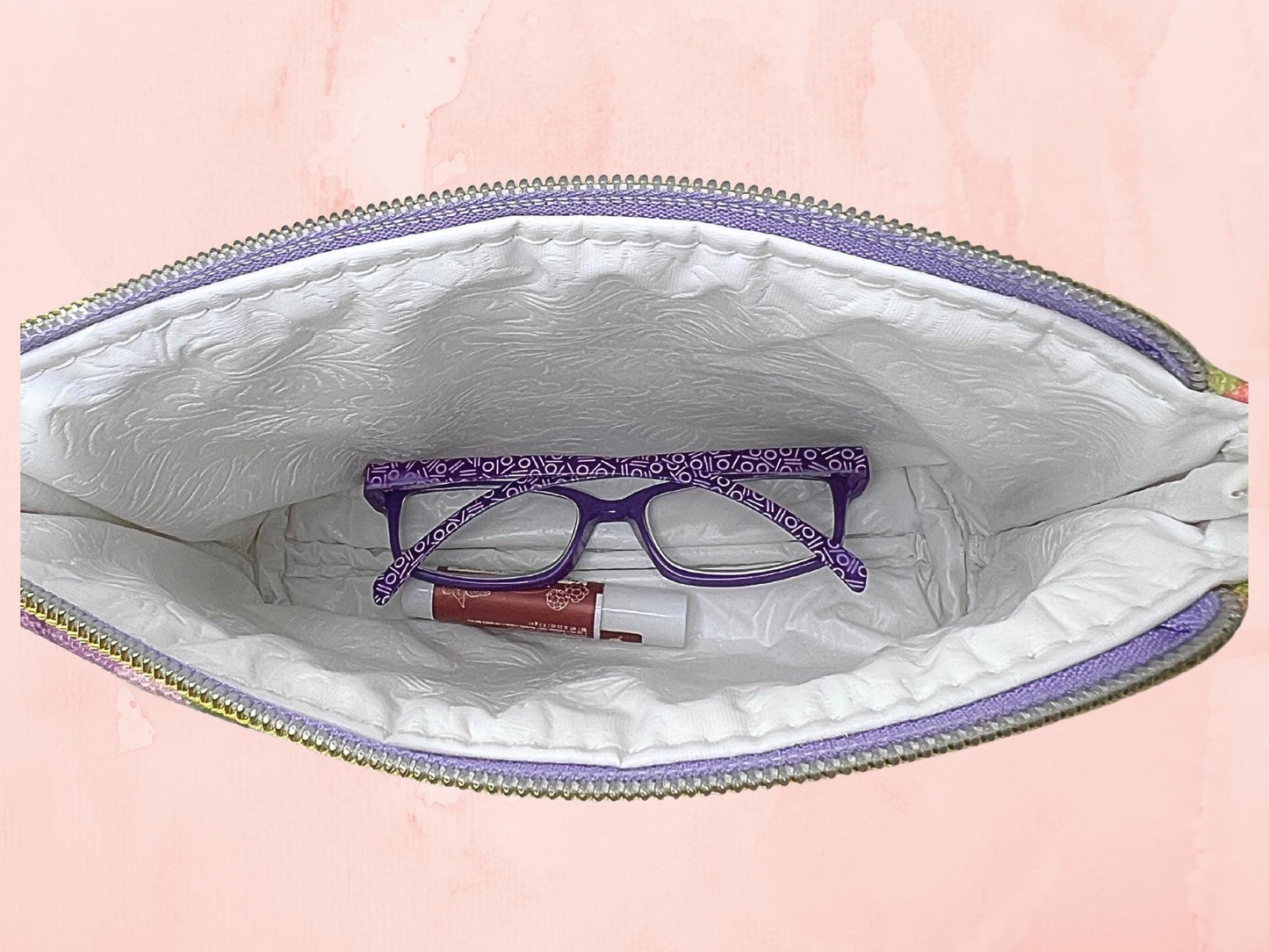 Handmade Large Print Floral Zipper Pouch, Women's Botanical Cosmetic Bag with Waterproof Lining, Make-up Toiletry Kit Gift for Her