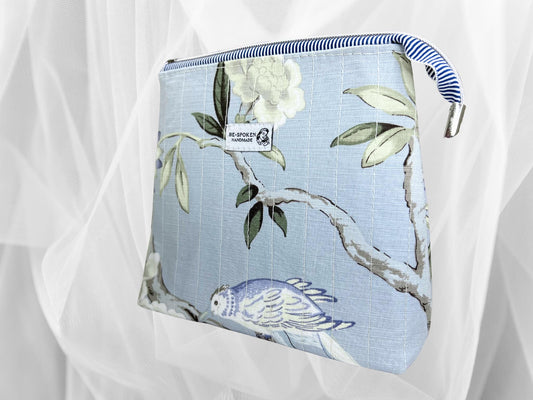 Handmade Blue Floral Zipper Pouch, Women's Bird Botanical Cosmetic Bag with Waterproof Lining, Quilted Make-up Toiletry Kit Gift for Her