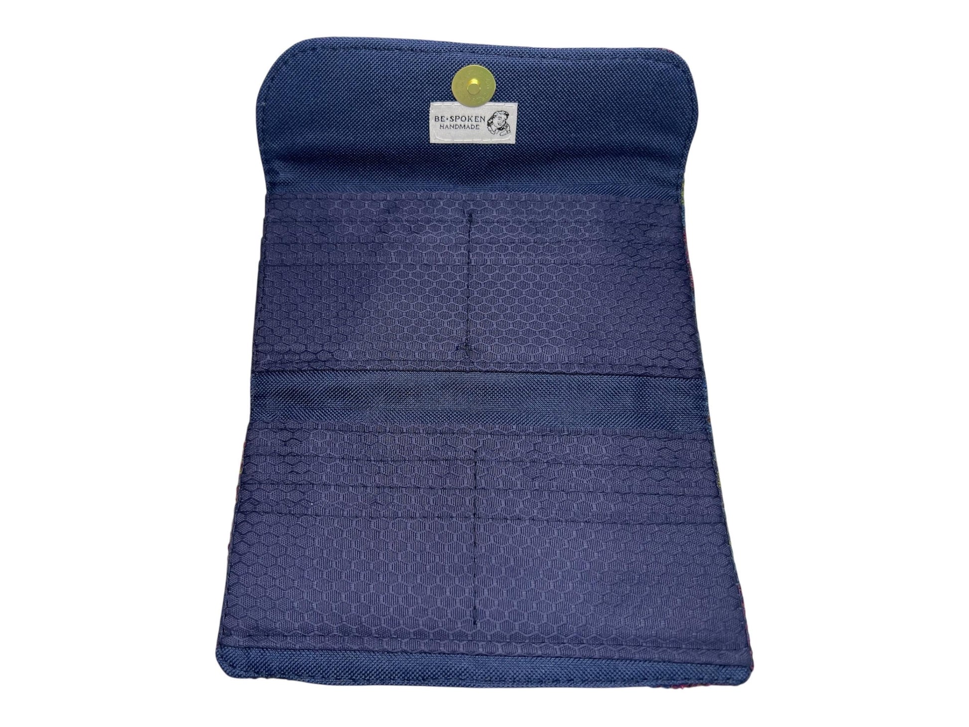 Trifold Harris Tweed Wallet with Magnetic Closure Denim Blue Raspberry Plaid