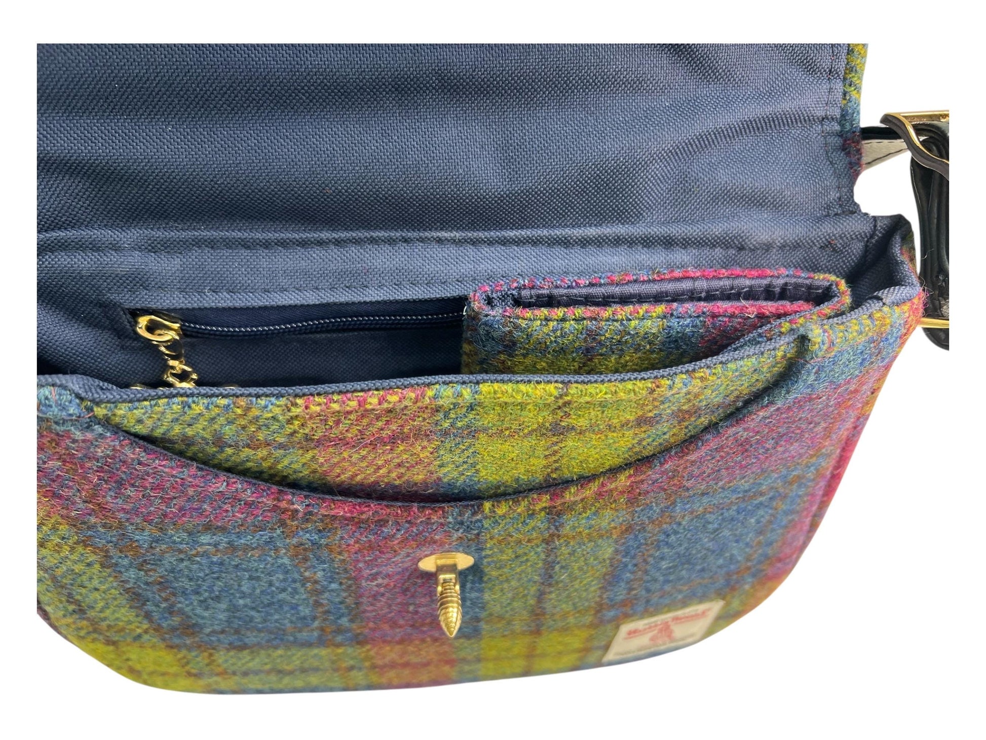 Trifold Harris Tweed Wallet with Magnetic Closure Denim Blue Raspberry Plaid