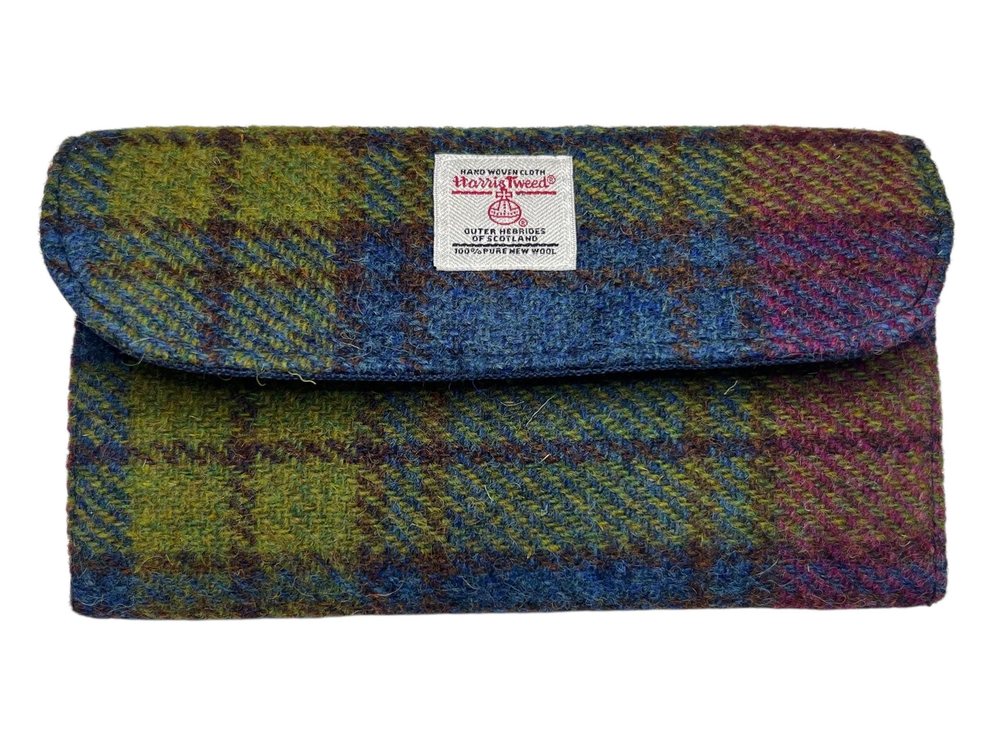 Trifold Harris Tweed Wallet with Magnetic Closure Denim Blue Raspberry Plaid
