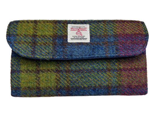 Trifold Harris Tweed Wallet with Magnetic Closure Denim Blue Raspberry Plaid