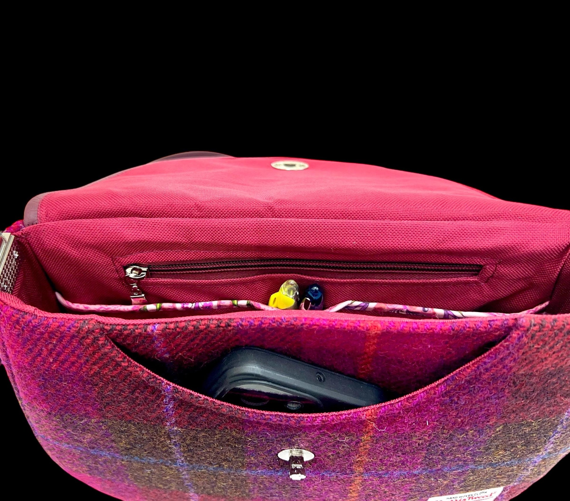 Crossbody Harris Tweed Glenwillow Saddle Bag Purse Cerise Plaid
