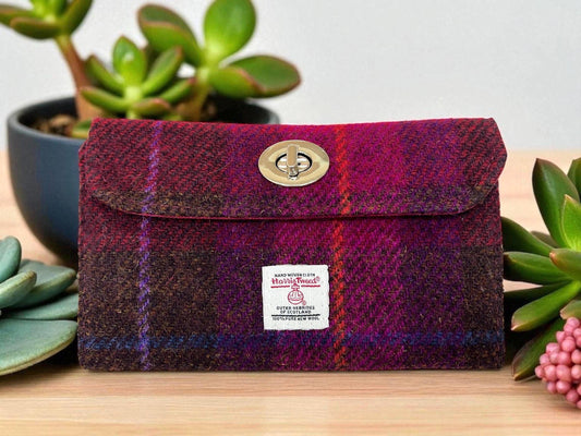 Trifold Harris Tweed Wallet with Gold Twist Lock Closure Cerise