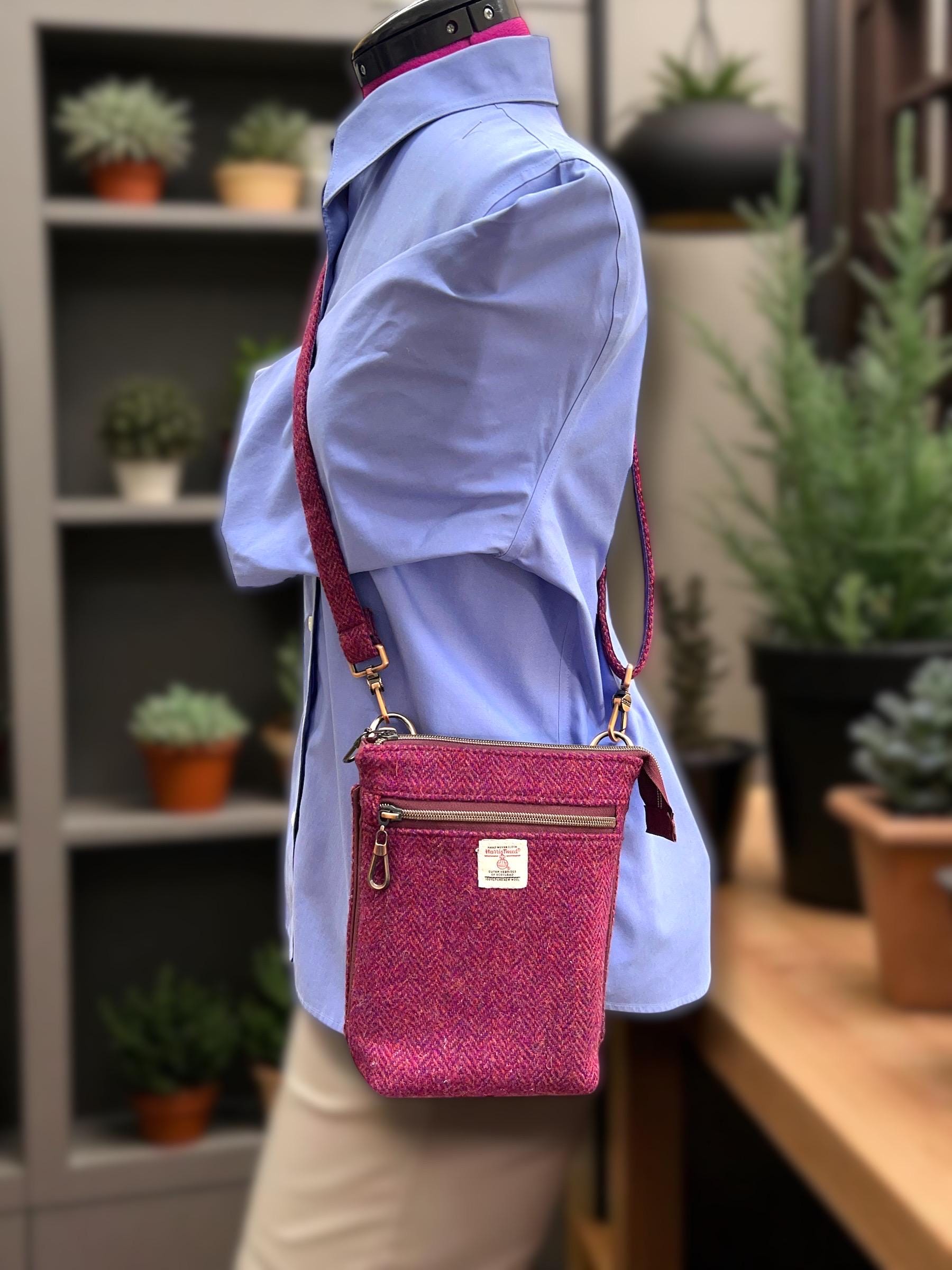 Harris Tweed Mini Isabella Crossbody Herringbone Purse Raspberry