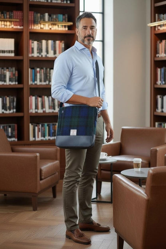 Harris Tweed Crossbody Messenger Bag – Blackwatch Tartan Wool Purse with Adjustable Strap