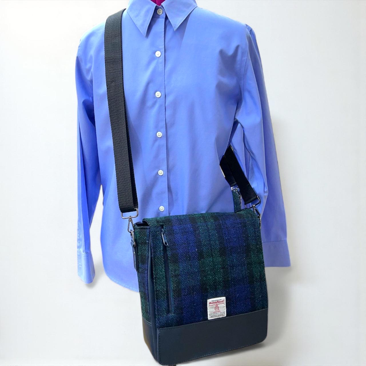 Harris Tweed Crossbody Messenger Bag – Blackwatch Tartan Wool Purse with Adjustable Strap