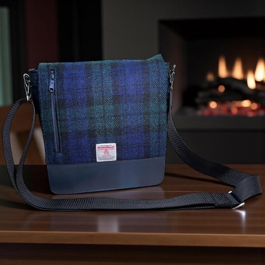 Harris Tweed Crossbody Messenger Bag – Blackwatch Tartan Wool Purse with Adjustable Strap