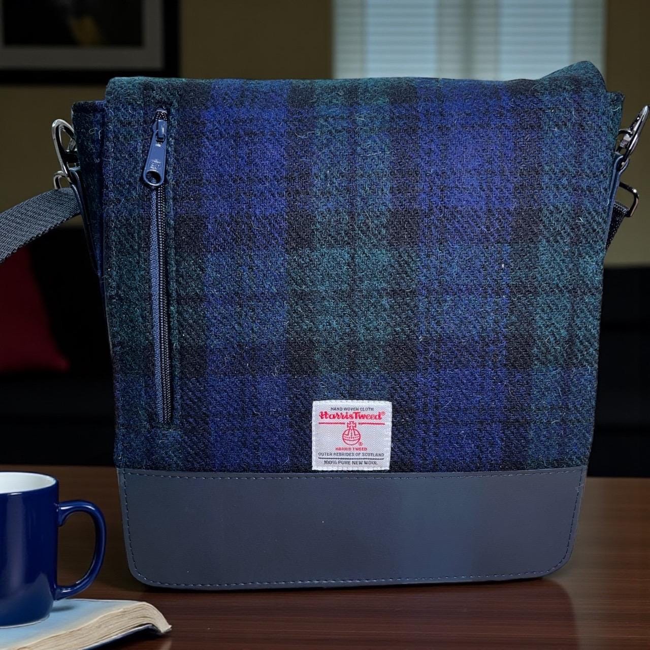 Harris Tweed Crossbody Messenger Bag – Blackwatch Tartan Wool Purse with Adjustable Strap