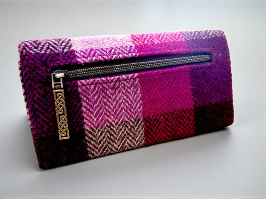 Trifold Harris Tweed Wallet with Magnetic Closure Pink Plaid Herringbone