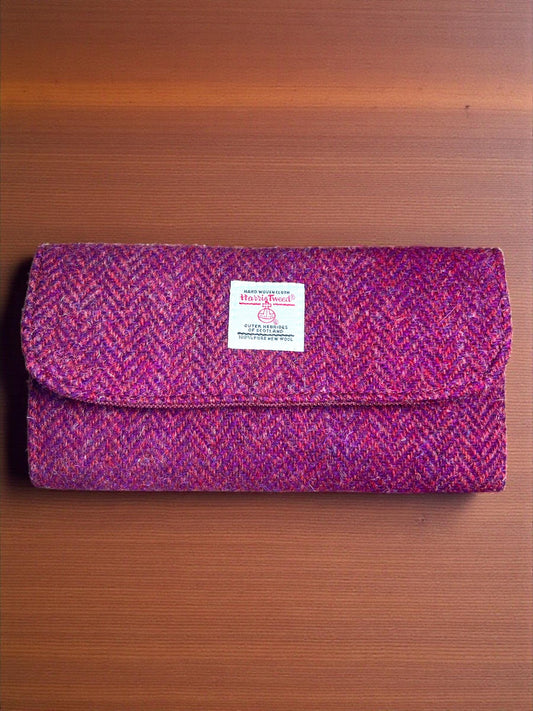 Trifold Harris Tweed Wallet with Magnetic Closure Raspberry Herringbone