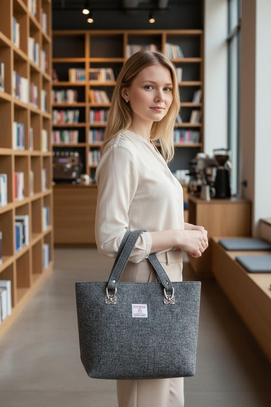 Harris Tweed Mini Tote Bag, Grey Scottish Wool Purse, Unique Handmade Structured Zipper Tote, Classic Professional Work Laptop Handbag,