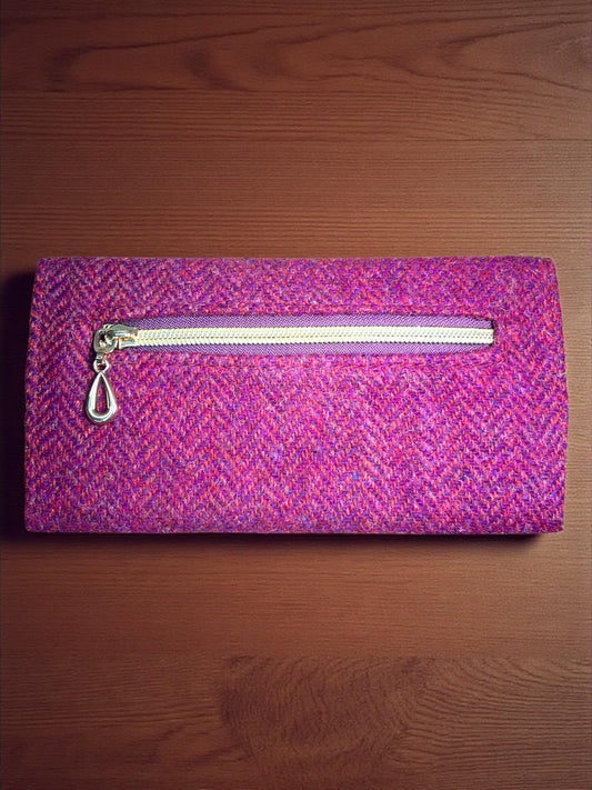 Trifold Harris Tweed Wallet with Magnetic Closure Raspberry Herringbone