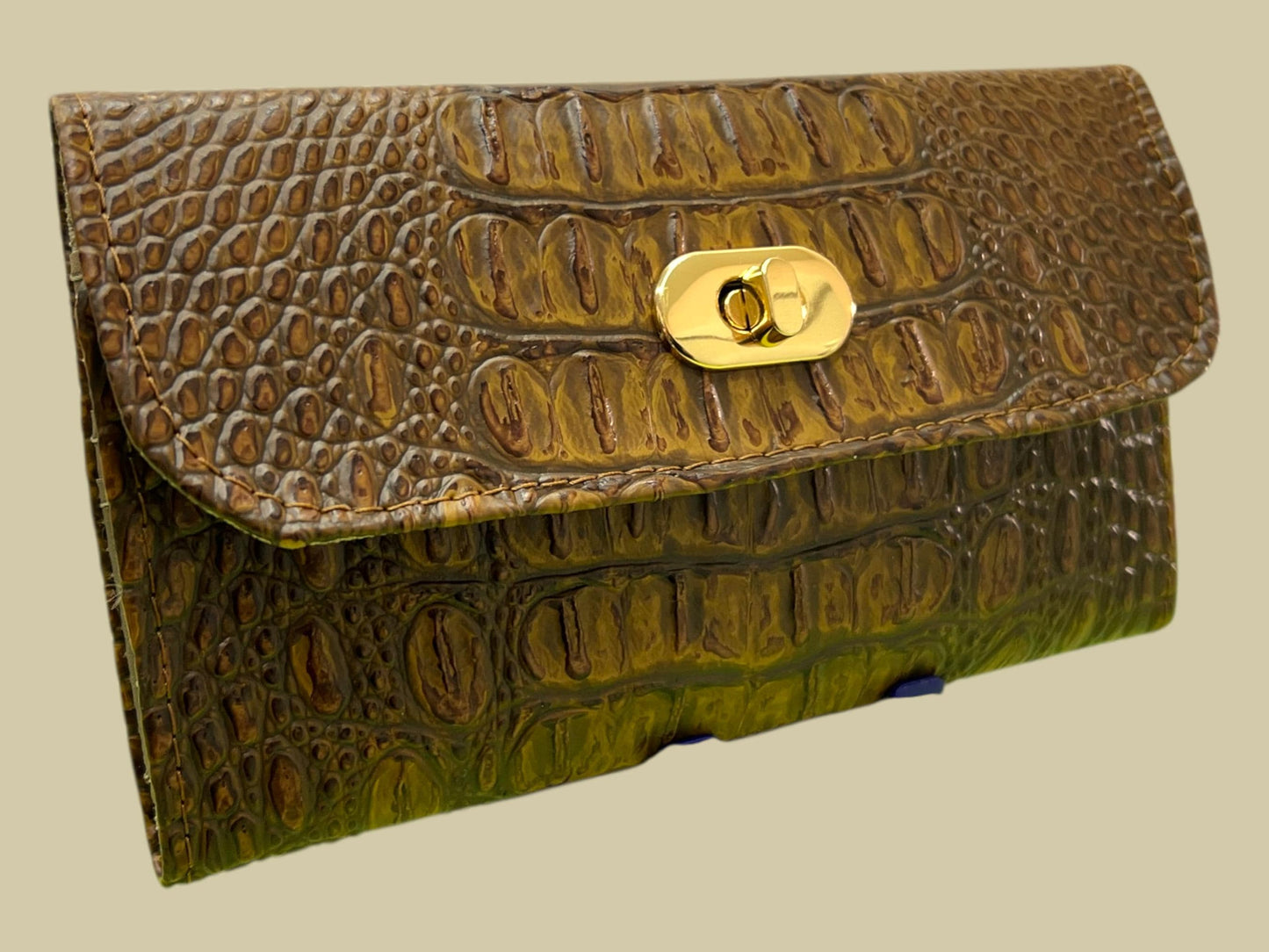 Women's Trifold Wallet with Twist Lock Closure, Bronze Faux Croc Clutch, Small Minimalist Dinner Hand Bag, Animal Print Purse, Gift for Her