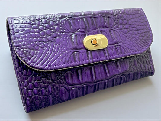 Women's Trifold Wallet with Twist Lock Closure, Purple Faux Croc Clutch, Small Minimalist Dinner HandBag, Animal Print Purse Gift for Her