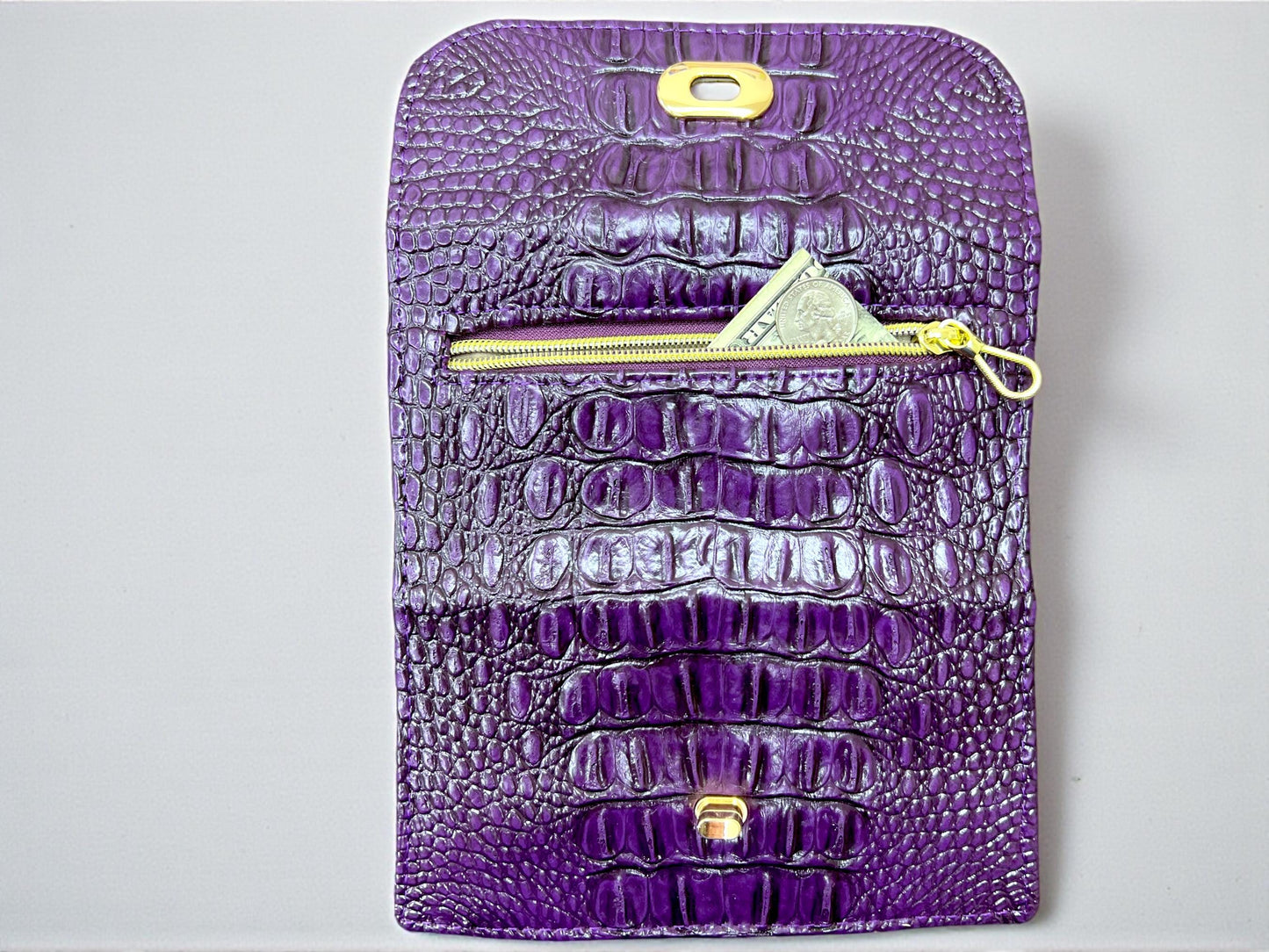 Women's Trifold Wallet with Twist Lock Closure, Purple Faux Croc Clutch, Small Minimalist Dinner HandBag, Animal Print Purse Gift for Her