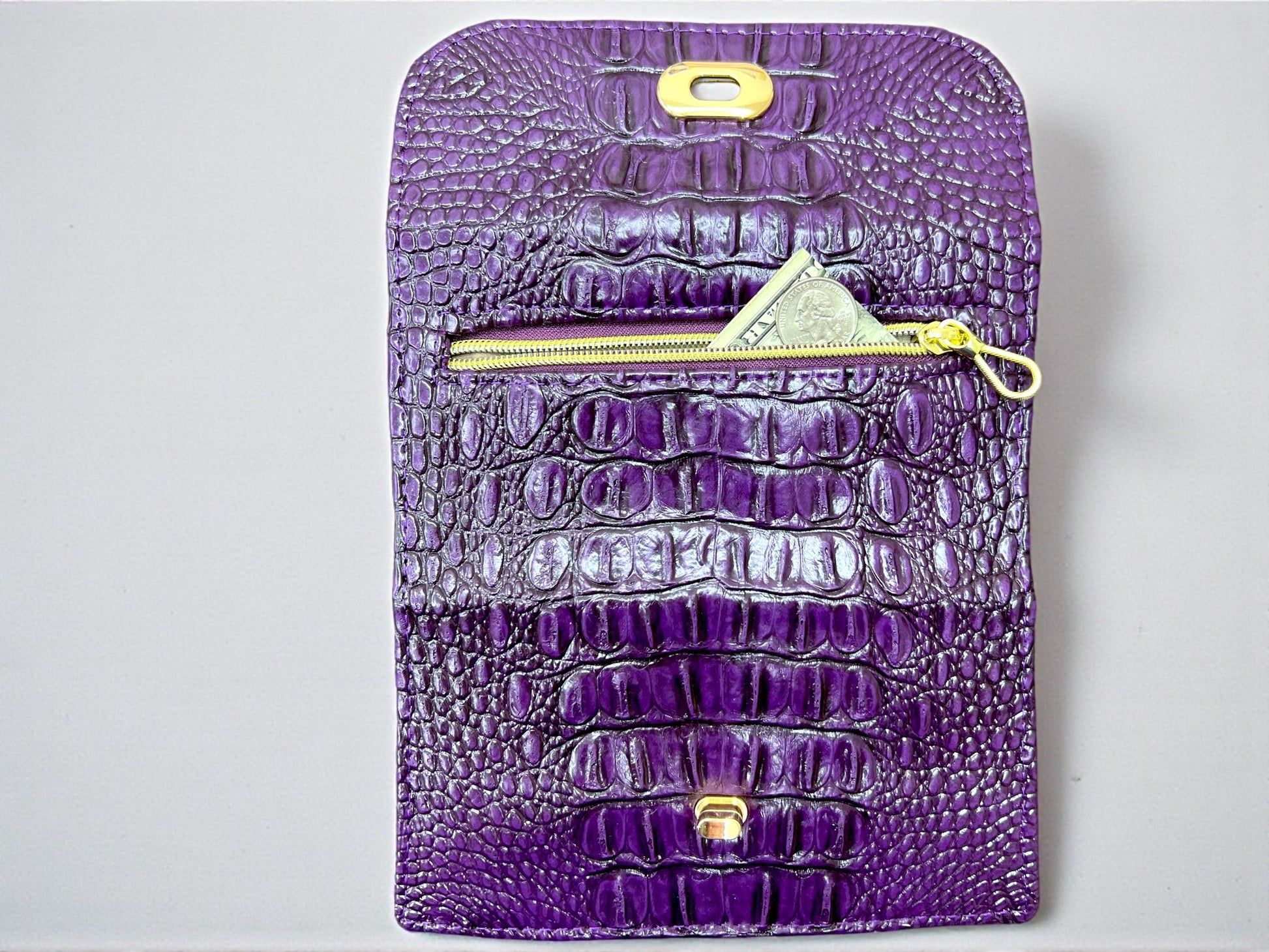 Women's Trifold Wallet with Twist Lock Closure, Purple Faux Croc Clutch, Small Minimalist Dinner HandBag, Animal Print Purse Gift for Her