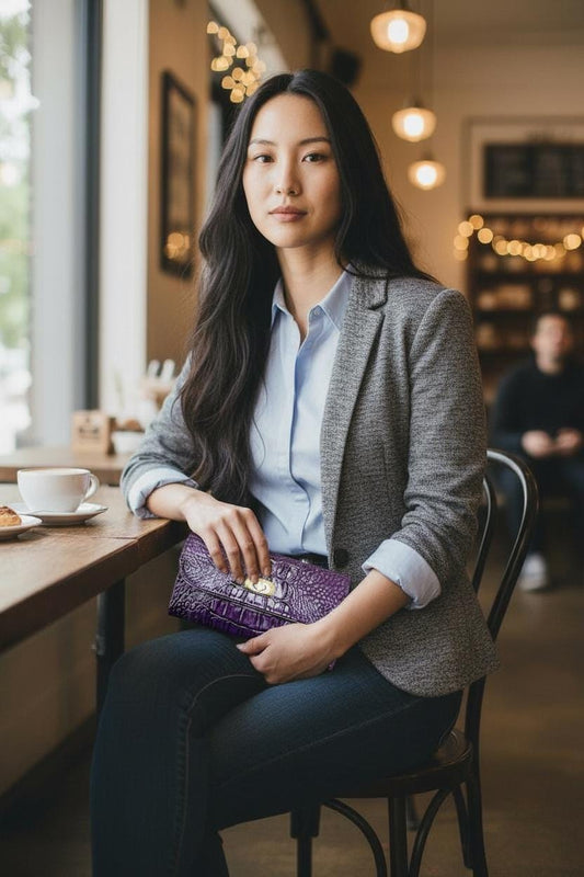 Women's Trifold Wallet with Twist Lock Closure, Purple Faux Croc Clutch, Small Minimalist Dinner HandBag, Animal Print Purse Gift for Her