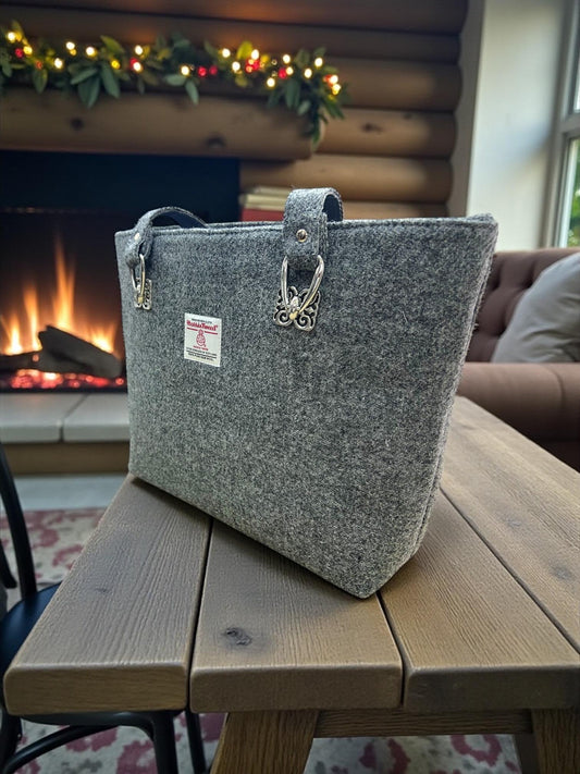 Harris Tweed Mini Tote Bag, Grey Scottish Wool Purse, Unique Handmade Structured Zipper Tote, Classic Professional Work Laptop Handbag,