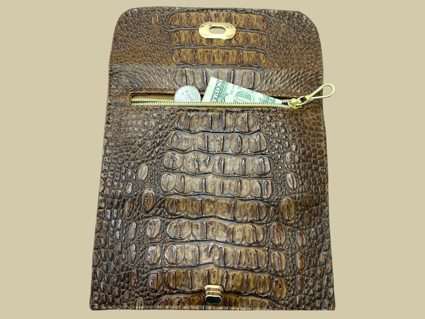 Women's Trifold Wallet with Twist Lock Closure, Bronze Faux Croc Clutch, Small Minimalist Dinner Hand Bag, Animal Print Purse, Gift for Her