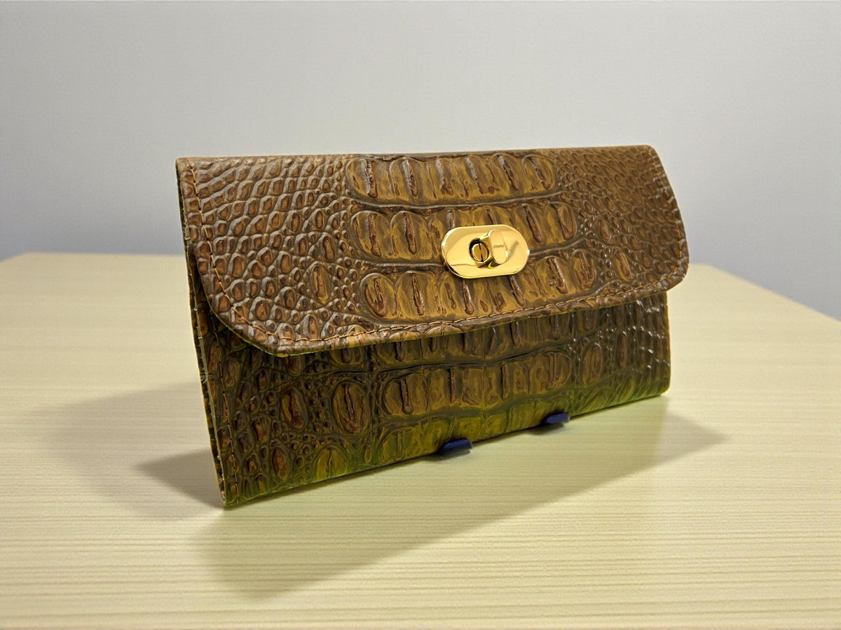 Women's Trifold Wallet with Twist Lock Closure, Bronze Faux Croc Clutch, Small Minimalist Dinner Hand Bag, Animal Print Purse, Gift for Her