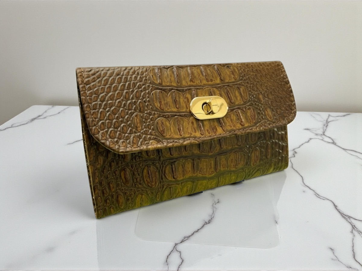 Women's Trifold Wallet with Twist Lock Closure, Bronze Faux Croc Clutch, Small Minimalist Dinner Hand Bag, Animal Print Purse, Gift for Her