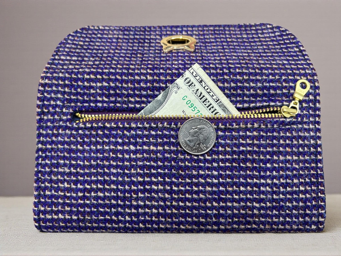 Trifold Harris Tweed Wallet with Cat Twist Lock Closure Purple