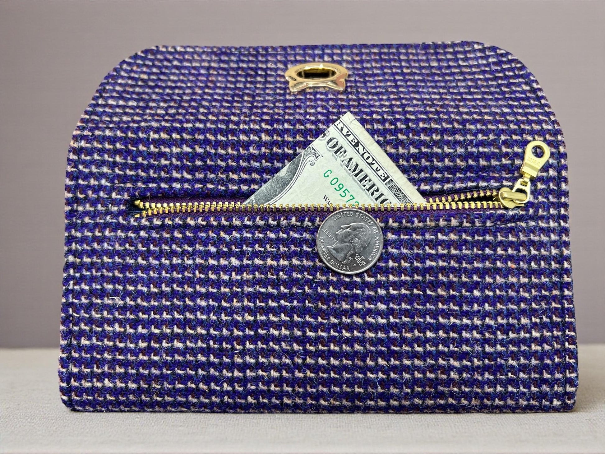 Trifold Harris Tweed Wallet with Cat Twist Lock Closure Purple