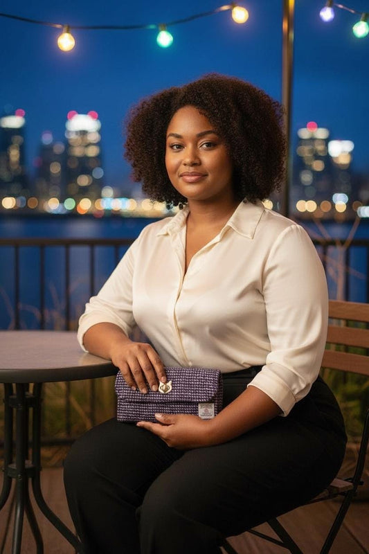 Trifold Harris Tweed Wallet with Cat Twist Lock Closure Purple