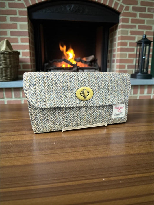 Trifold Harris Tweed Wallet with Twist Lock Closure Beige Slate Blue Herringbone