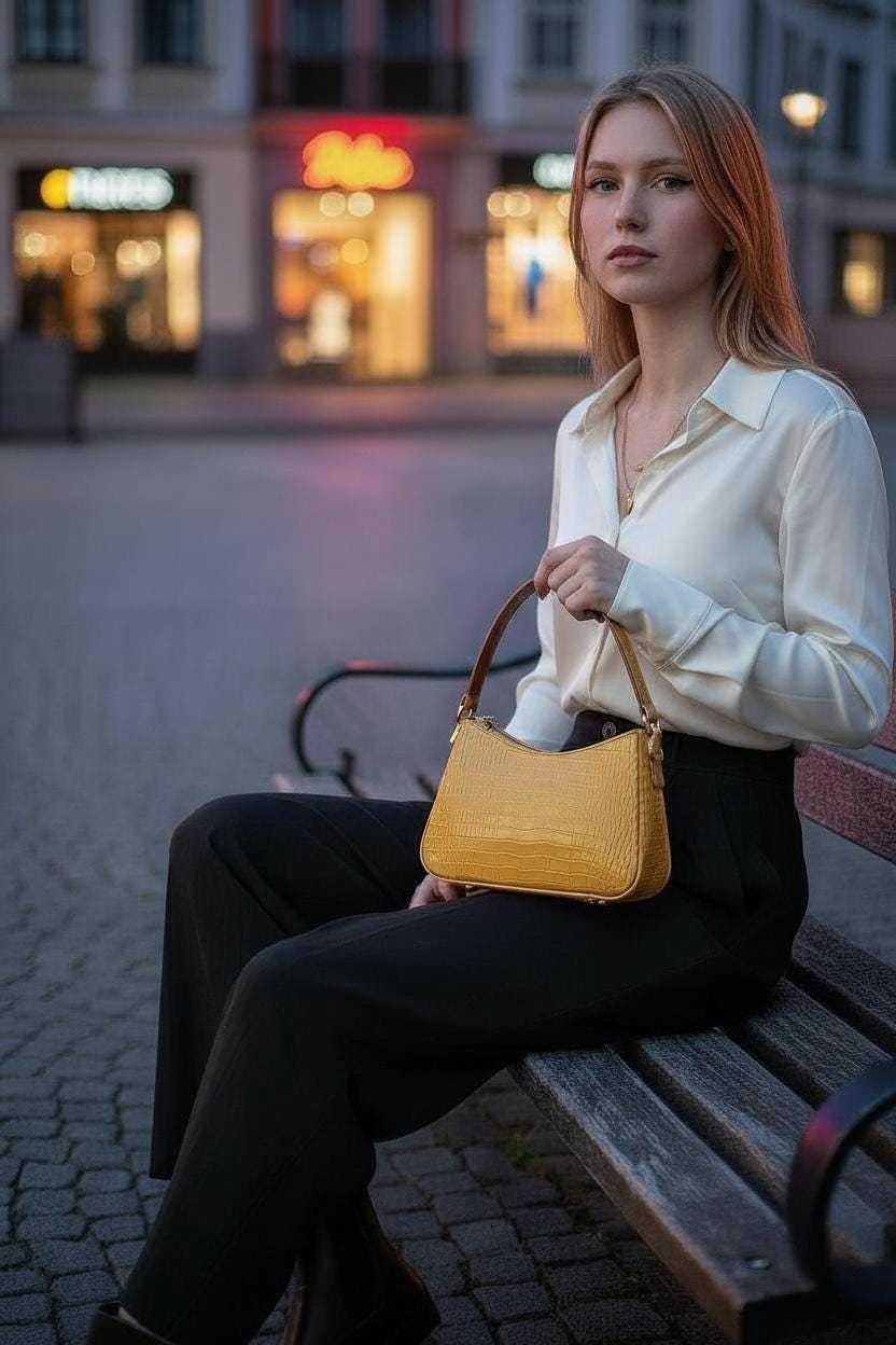 Small Modern Neutral Shoulder Bag, Camel Lizard Faux Leather Purse, Structured Sleek Minimalist Handbag, Quality Artisan Handmade Pocketbook
