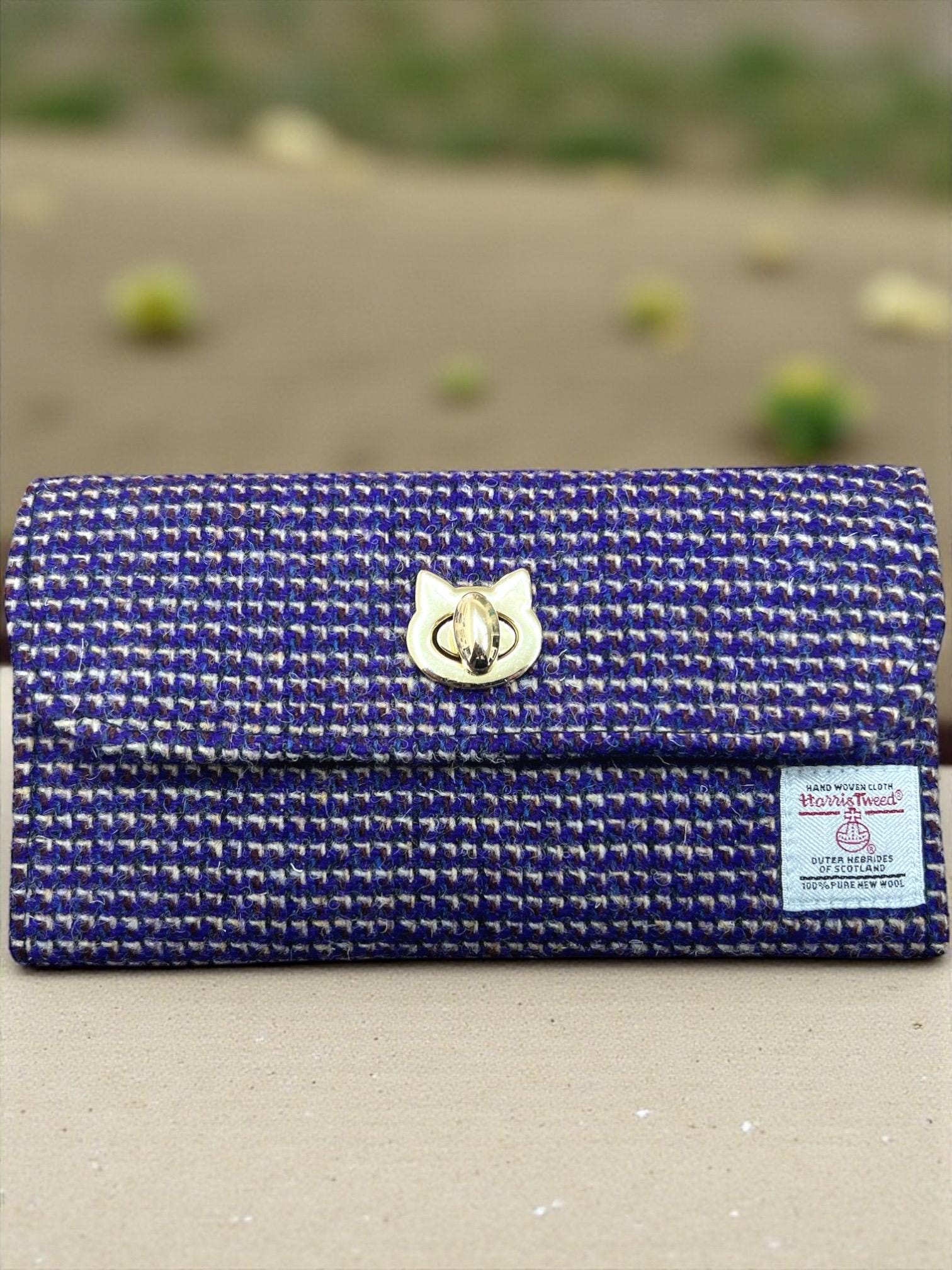 Trifold Harris Tweed Wallet with Cat Twist Lock Closure Purple