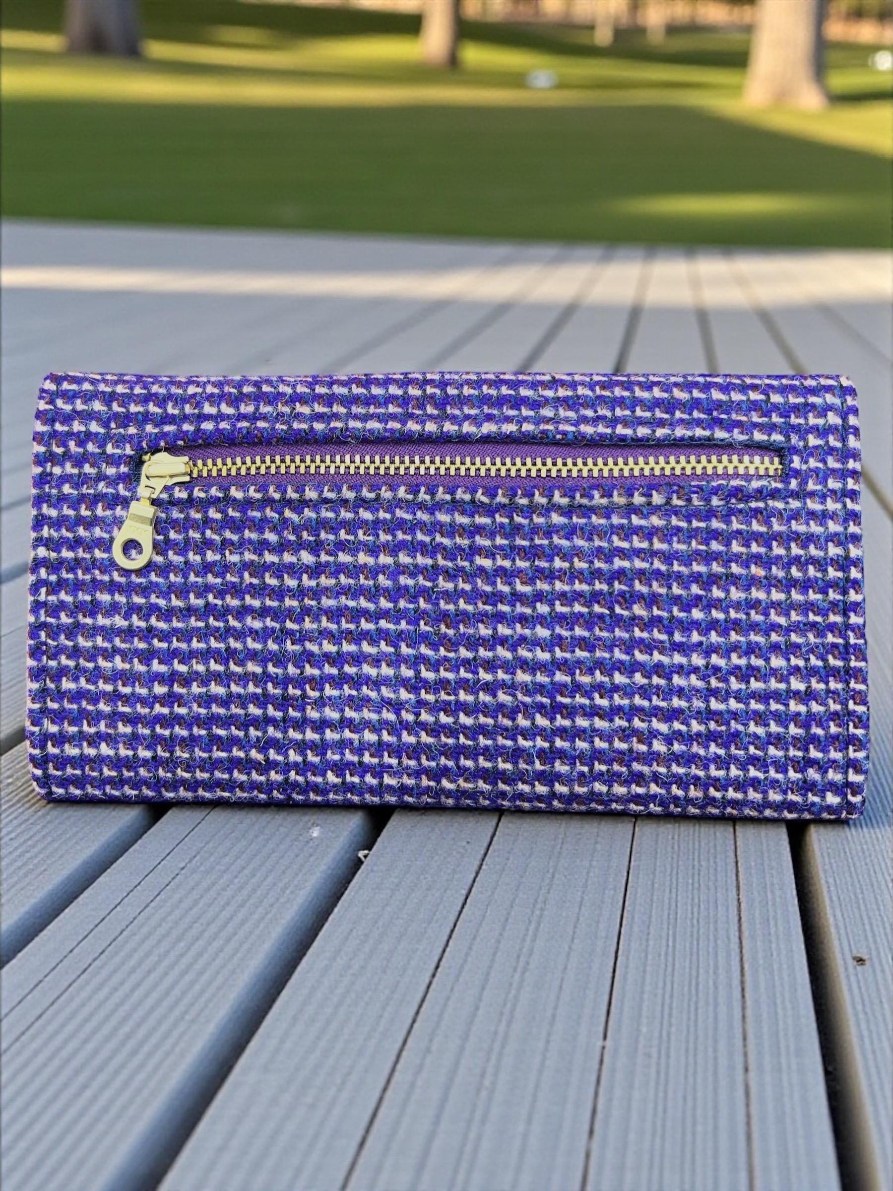 Trifold Harris Tweed Wallet with Cat Twist Lock Closure Purple
