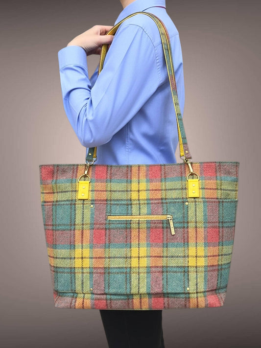 Harris Tweed Large Tote Bag, Plaid Scottish Wool Purse, Unique Handmade Structured Zipper Tote, Classic Professional Work Laptop Handbag