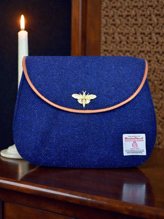 Crossbody Harris Tweed Glenwillow Saddle Bag Purse, Classic Handmade Navy Blue Scottish Wool Handbag, Adjustable Faux Leather Strap Satchel