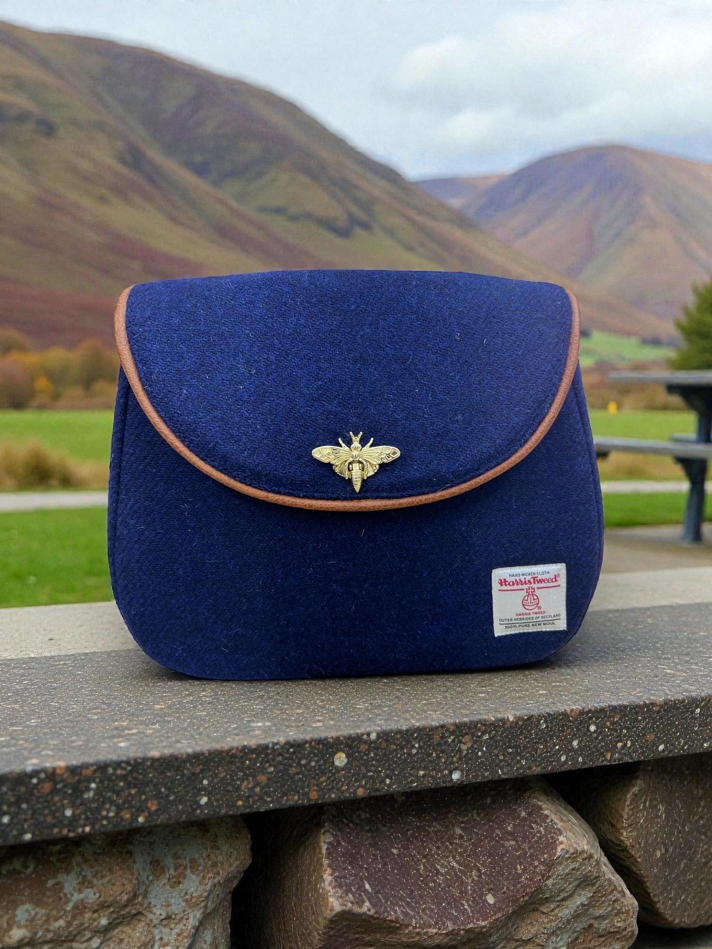 Crossbody Harris Tweed Glenwillow Saddle Bag Purse, Classic Handmade Navy Blue Scottish Wool Handbag, Adjustable Faux Leather Strap Satchel