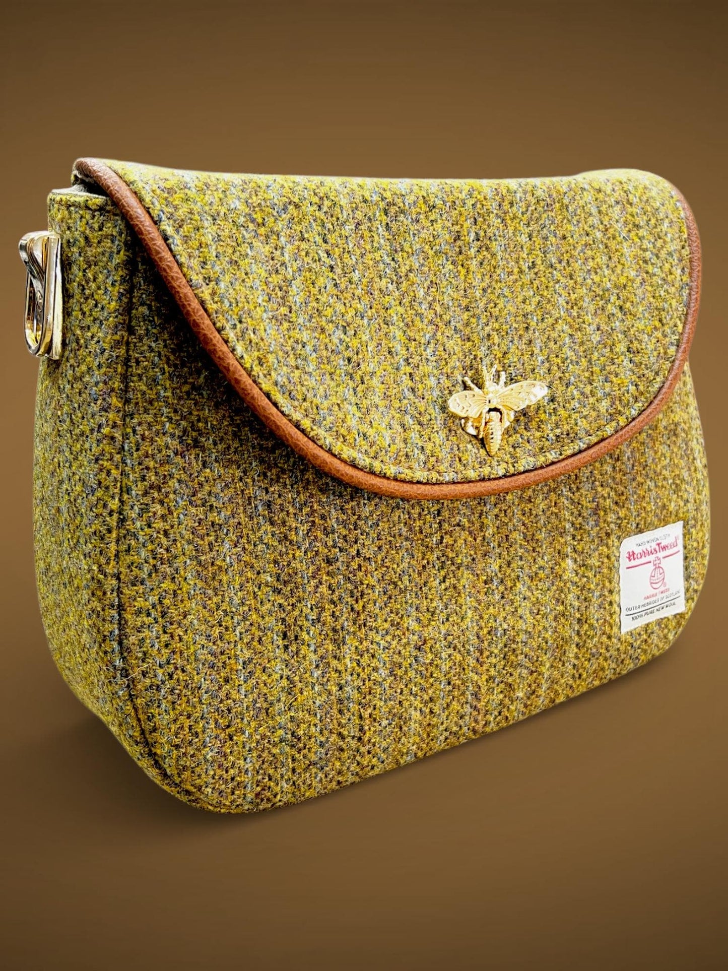 Harris Tweed Saddle Bag, Green Wool Crossbody with Bee Clasp