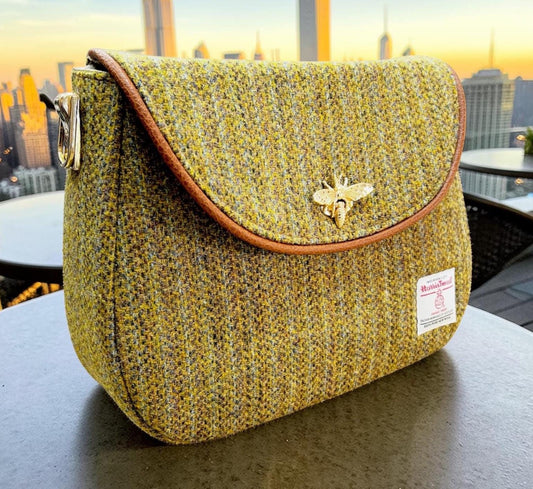 Crossbody Harris Tweed Glenwillow Saddle Bag Purse, Classic Handmade Green Scottish Wool Handbag, Adjustable Faux Leather Strap Satchel