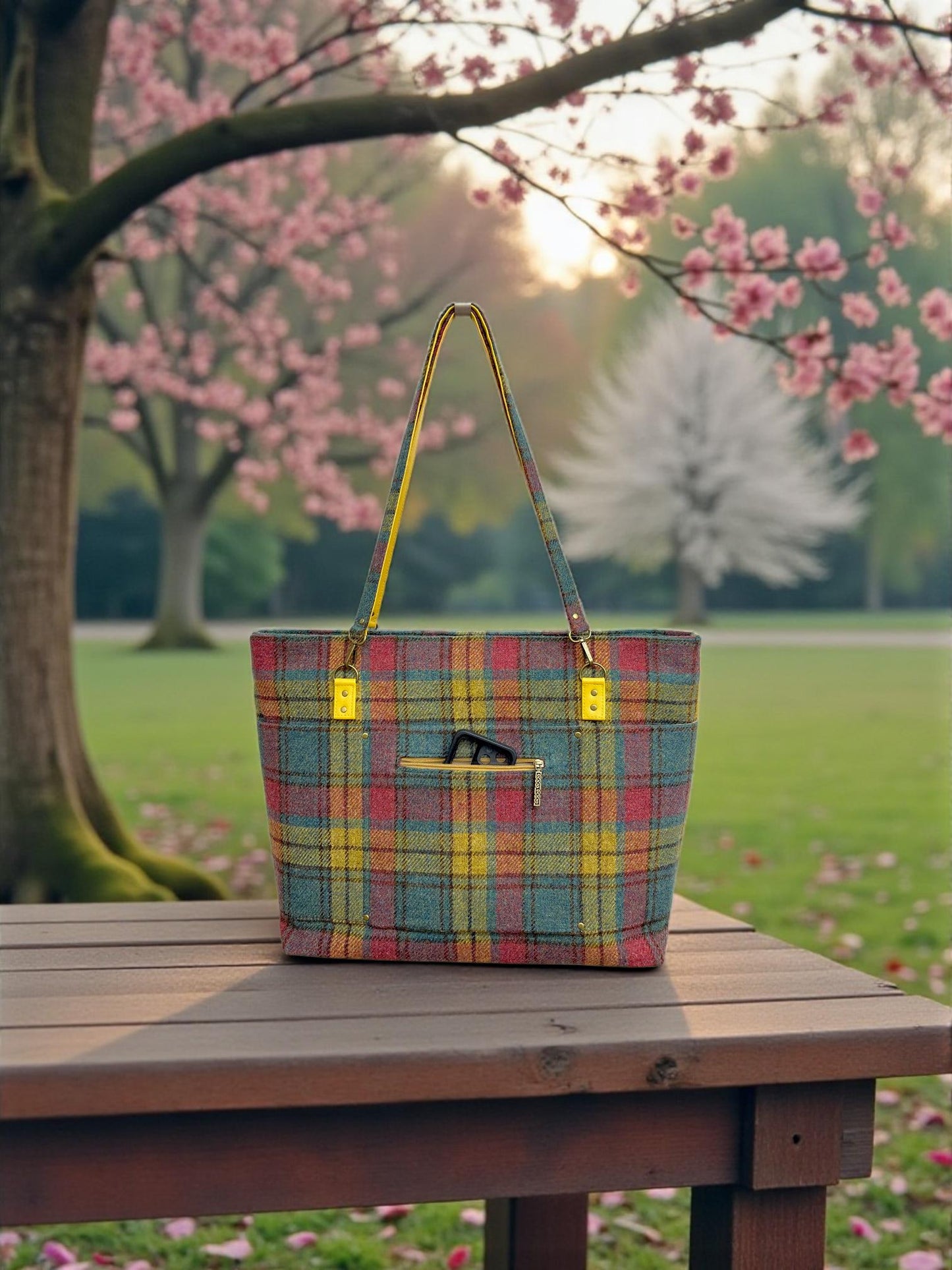 Harris Tweed Large Tote Bag, Plaid Scottish Wool Purse, Unique Handmade Structured Zipper Tote, Classic Professional Work Laptop Handbag