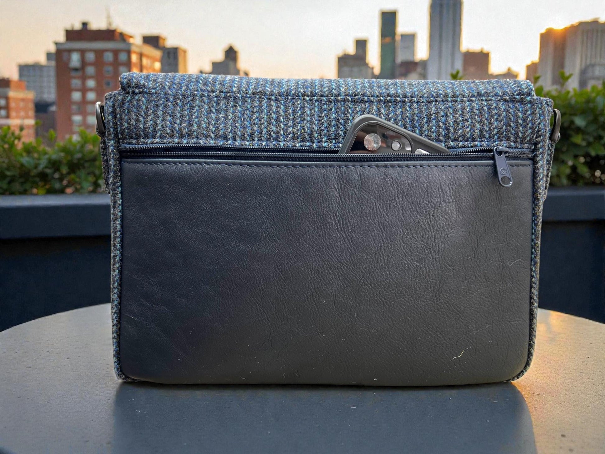 Denim Blue Stripe Harris Tweed Laptop Messenger Bag, Professional Casual Crossbody Computer Satchel, Soft Sided Briefcase with Tech Sleeve