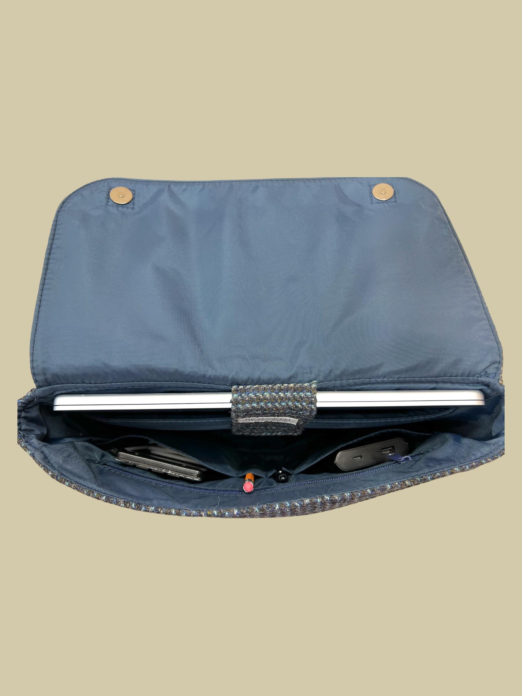 Denim Blue Stripe Harris Tweed Laptop Messenger Bag, Professional Casual Crossbody Computer Satchel, Soft Sided Briefcase with Tech Sleeve