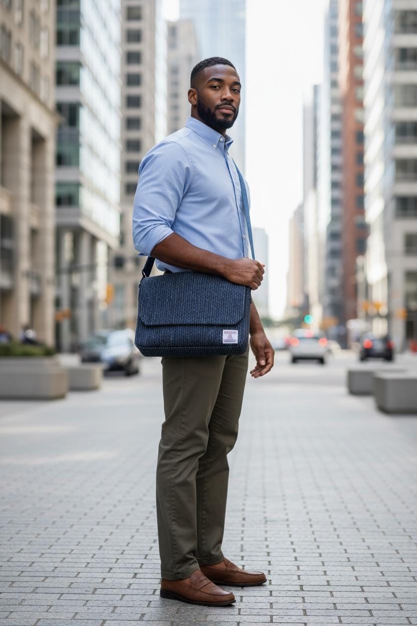 Denim Blue Harris Tweed Leather Messenger Bag, Laptop Satchel Computer Bag