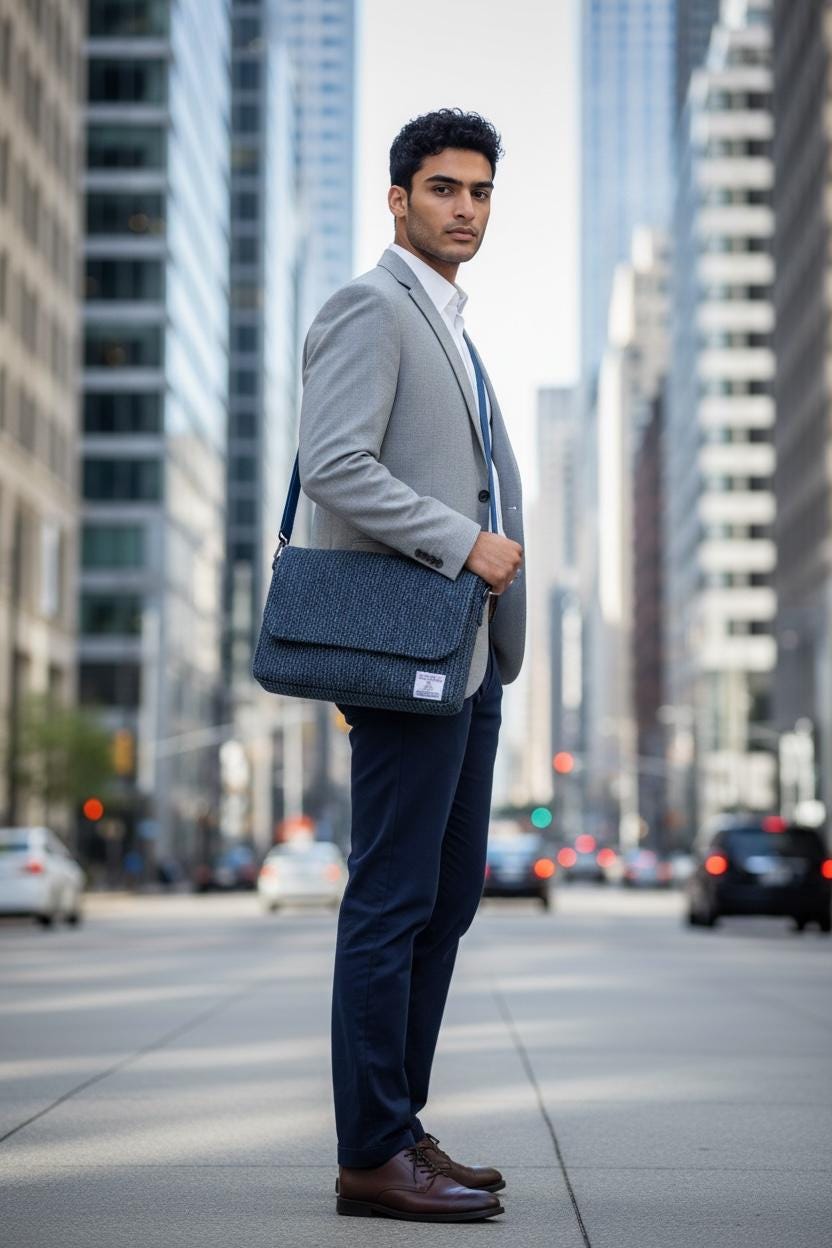 Denim Blue Stripe Harris Tweed Laptop Messenger Bag, Professional Casual Crossbody Computer Satchel, Soft Sided Briefcase with Tech Sleeve