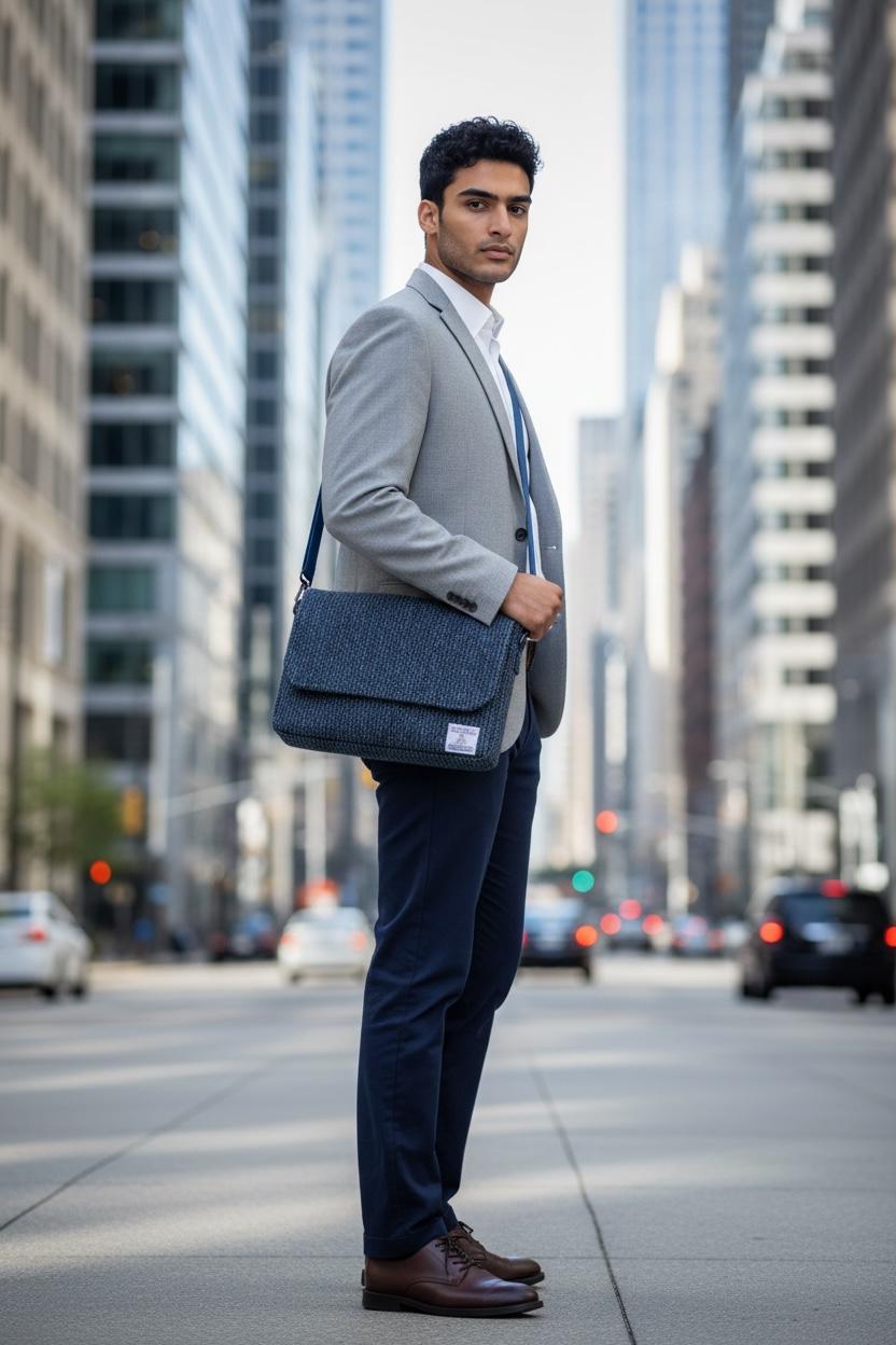 Denim Blue Harris Tweed Leather Messenger Bag, Laptop Satchel Computer Bag