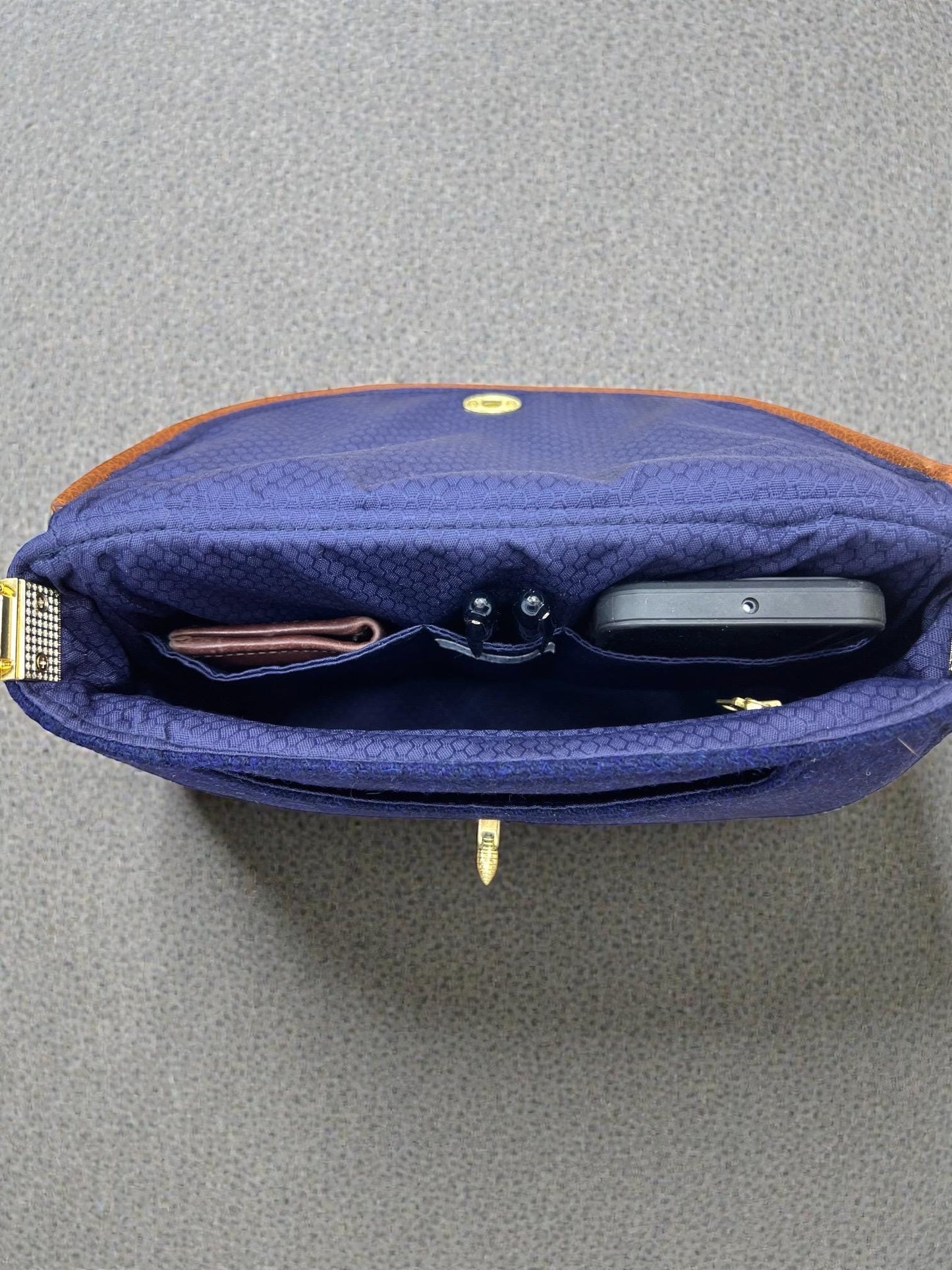 Crossbody Harris Tweed Glenwillow Saddle Bag Purse, Classic Handmade Navy Blue Scottish Wool Handbag, Adjustable Faux Leather Strap Satchel